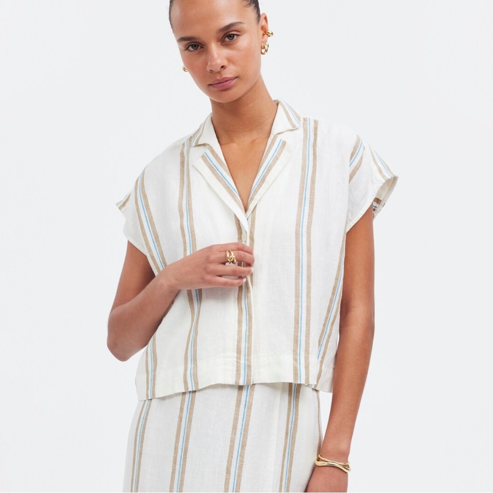 Madewell Boxy Cap Sleeve Shirt in Stripe 100% Linen Size M Rare Find! - Picture 3 of 14